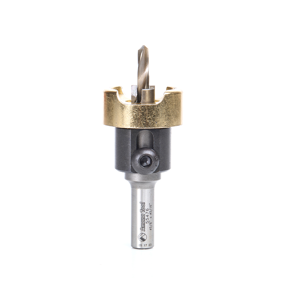 Amana 55476 Carbide Tipped Counterbore with Adjustable Depth Stop and No-Thrust Ball Bearing, 3/8 Dia x 3/16 Drill Dia x 3/8 Inch Round Shank