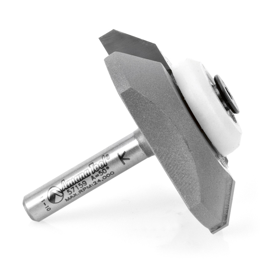 Amana 57159 Bevel Trim 50 Deg Angle x 1-55/64 Dia x 3/8 Cut Depth x 1/4 Inch Shank Router Bit for Wilsonart® HD Laminate Sinks