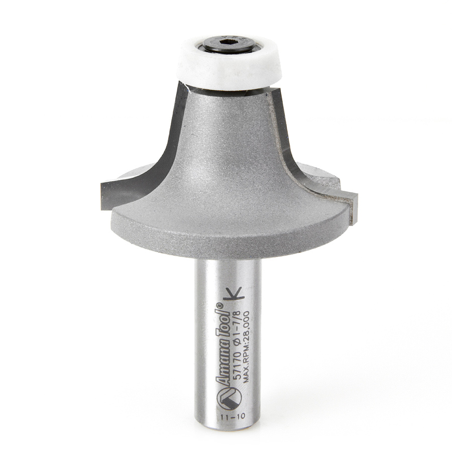 Amana 57170 Carbide Tipped Round Over with Ultra-Glide Radius Bearing Guide Solid Surface 1-7/8 Dia x 1 Inch x 10 Deg x 3/8 Radius x 1/2 Shank