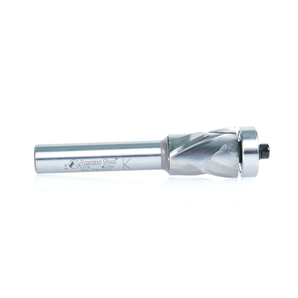 Amana 57174 Solid Carbide (Brazed To Steel Shank) Spiral Flush Trim Compression 22mm Dia x 1-9/64 x 1/2 Inch Shank With Lower Ball Bearing