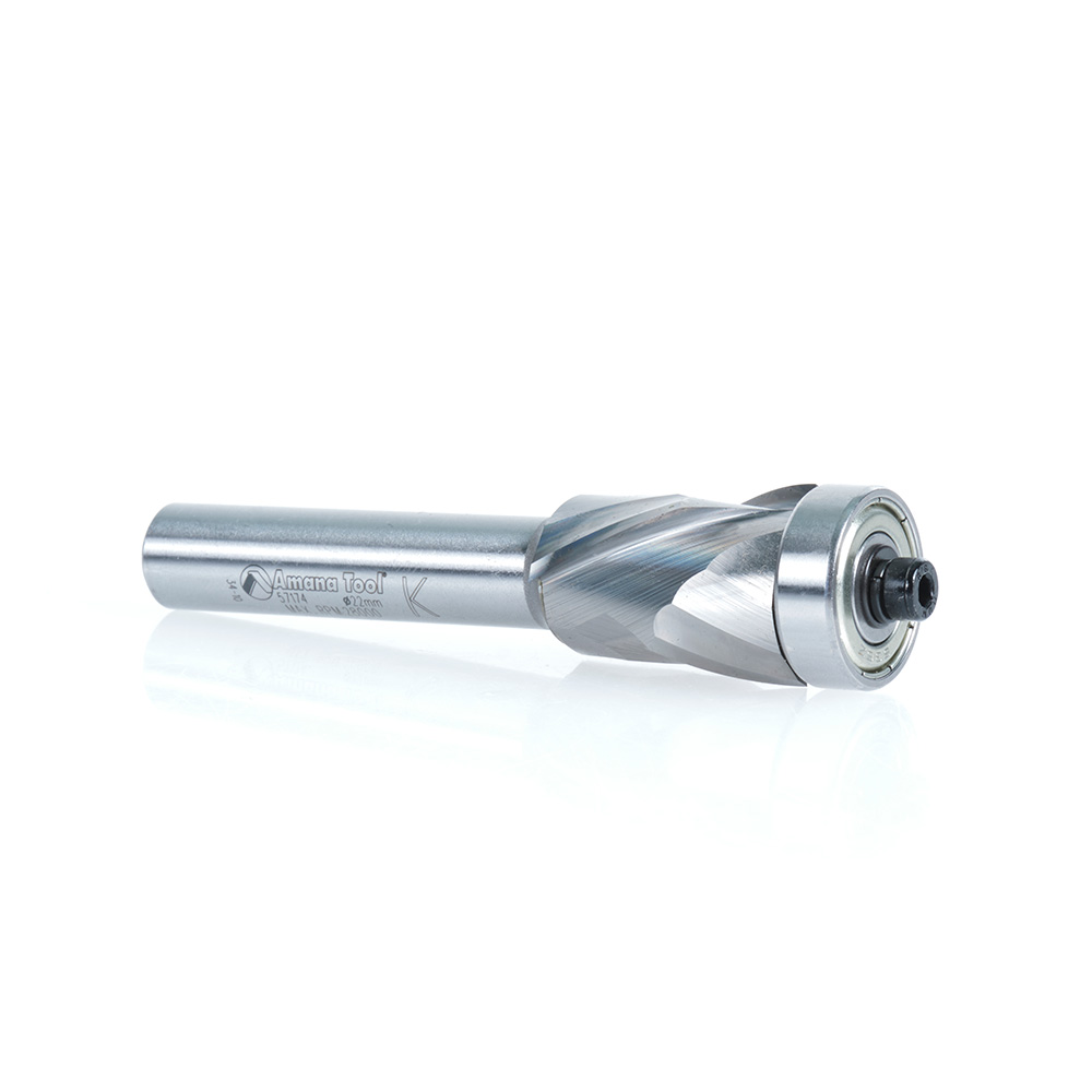Amana 57174 Solid Carbide (Brazed To Steel Shank) Spiral Flush Trim Compression 22mm Dia x 1-9/64 x 1/2 Inch Shank With Lower Ball Bearing