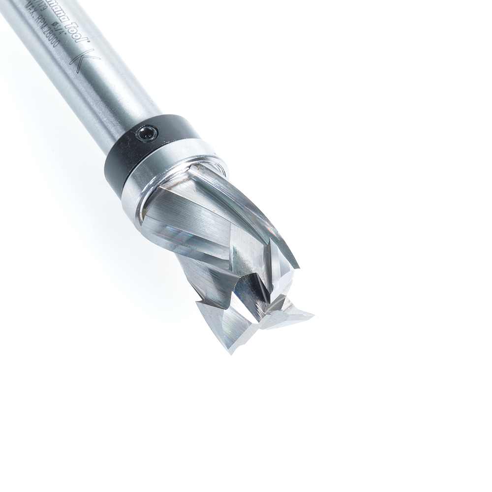 Amana 57179 Solid Carbide (Brazed To Steel Shank) Spiral Pattern/Plunge Compression 3/4 Dia x 1-9/64 x 1/2 Inch Shank With Upper Ball Bearing