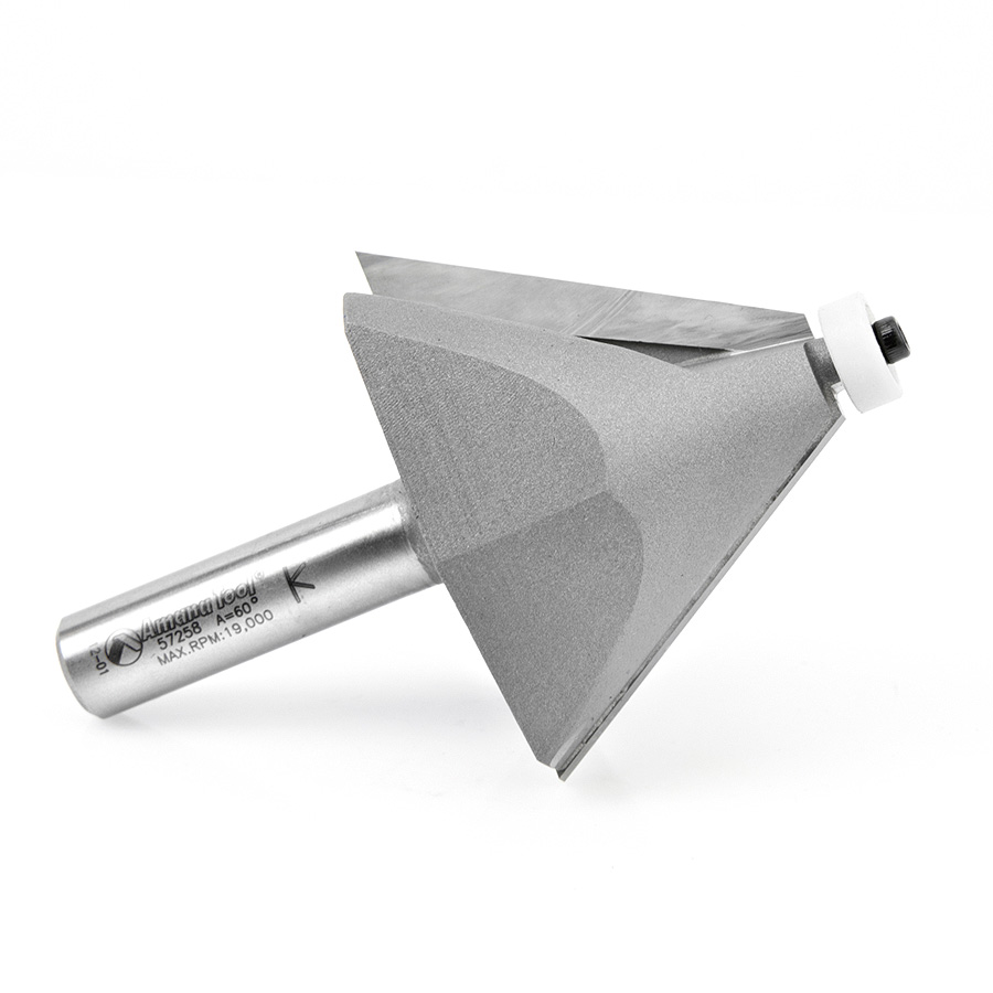 Amana 57258 Carbide Tipped Chamfer with Ultra-Glide Ball Bearing Guide Solid Surface 2-17/32 Dia x 1-3/4 x 30 Deg x 1/2 Inch Shank