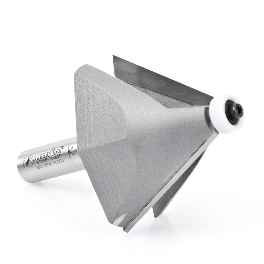 Amana 57258 Carbide Tipped Chamfer with Ultra-Glide Ball Bearing Guide Solid Surface 2-17/32 Dia x 1-3/4 x 30 Deg x 1/2 Inch Shank