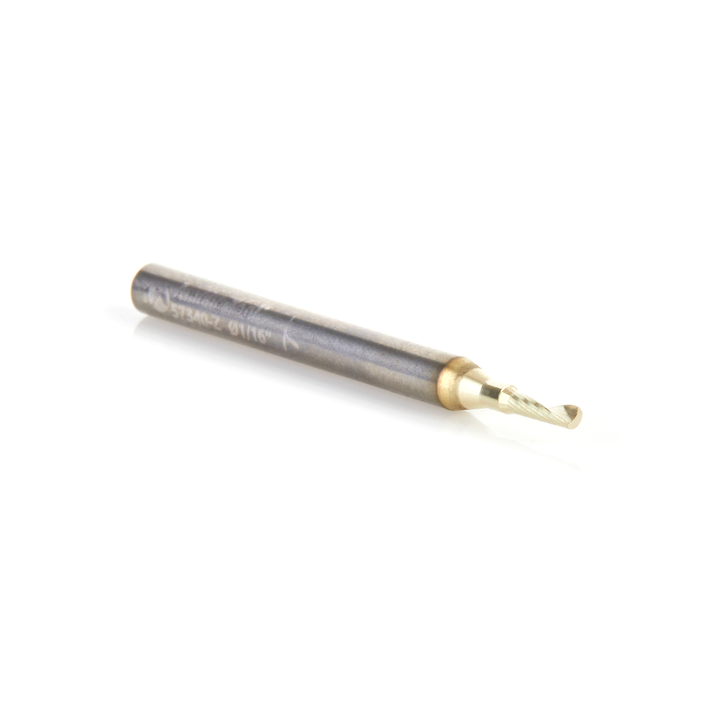 Amana 57340-Z Solid Carbide CNC Spiral 'O' Flute, Aluminum Cutting for Improved Bottom Surface Finish 1/16 Dia x 3/16 x 1/8 Shank Up-Cut ZrN Coated Router Bit