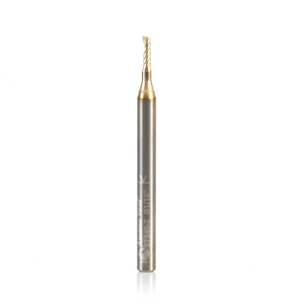 Amana 57340-Z Solid Carbide CNC Spiral 'O' Flute, Aluminum Cutting for Improved Bottom Surface Finish 1/16 Dia x 3/16 x 1/8 Shank Up-Cut ZrN Coated Router Bit
