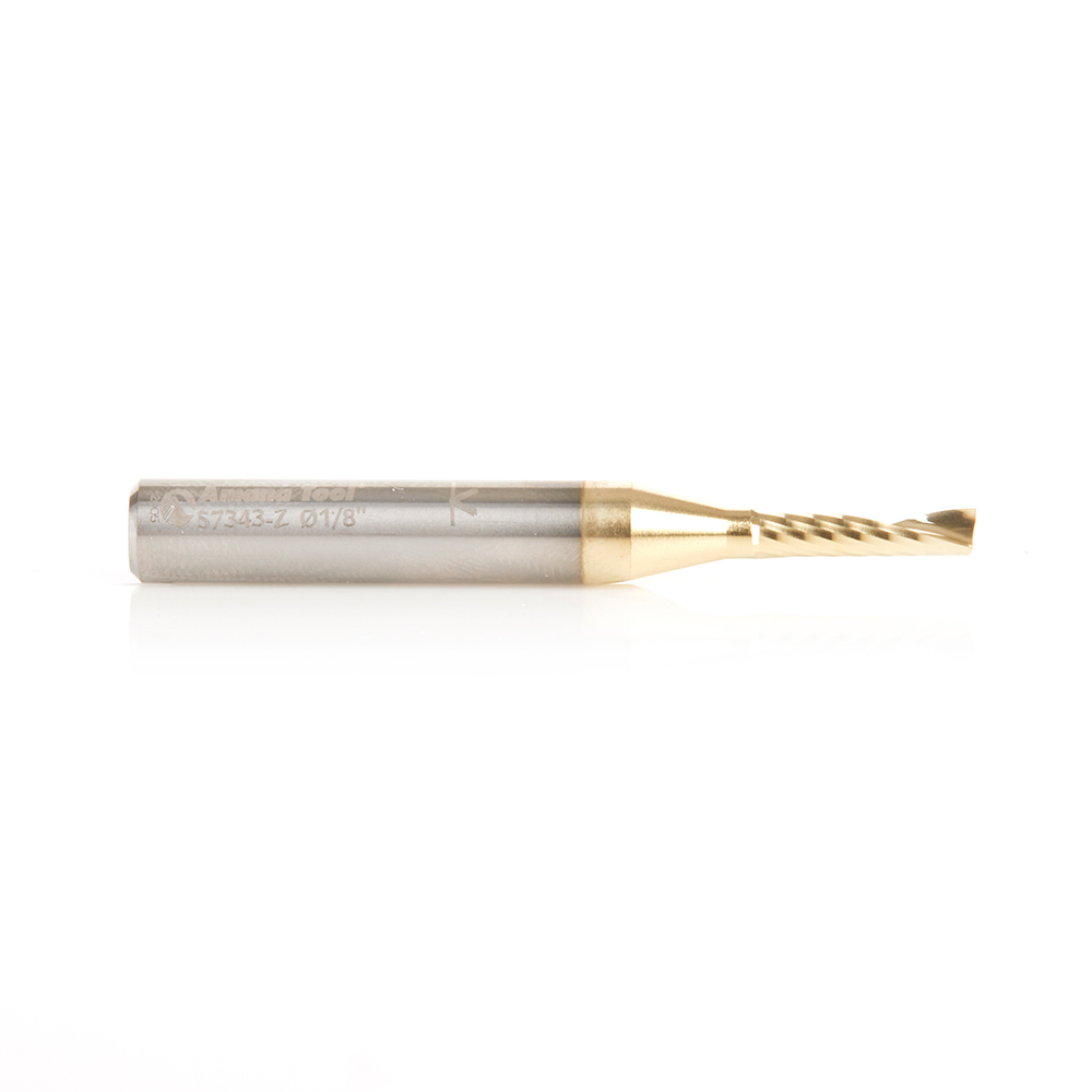 Amana 57343-Z Solid Carbide CNC Spiral 'O' Flute, Aluminum Cutting for Improved Bottom Surface Finish 1/8 Dia x 1/2 x 1/4 Shank Up-Cut ZrN Coated Router Bit