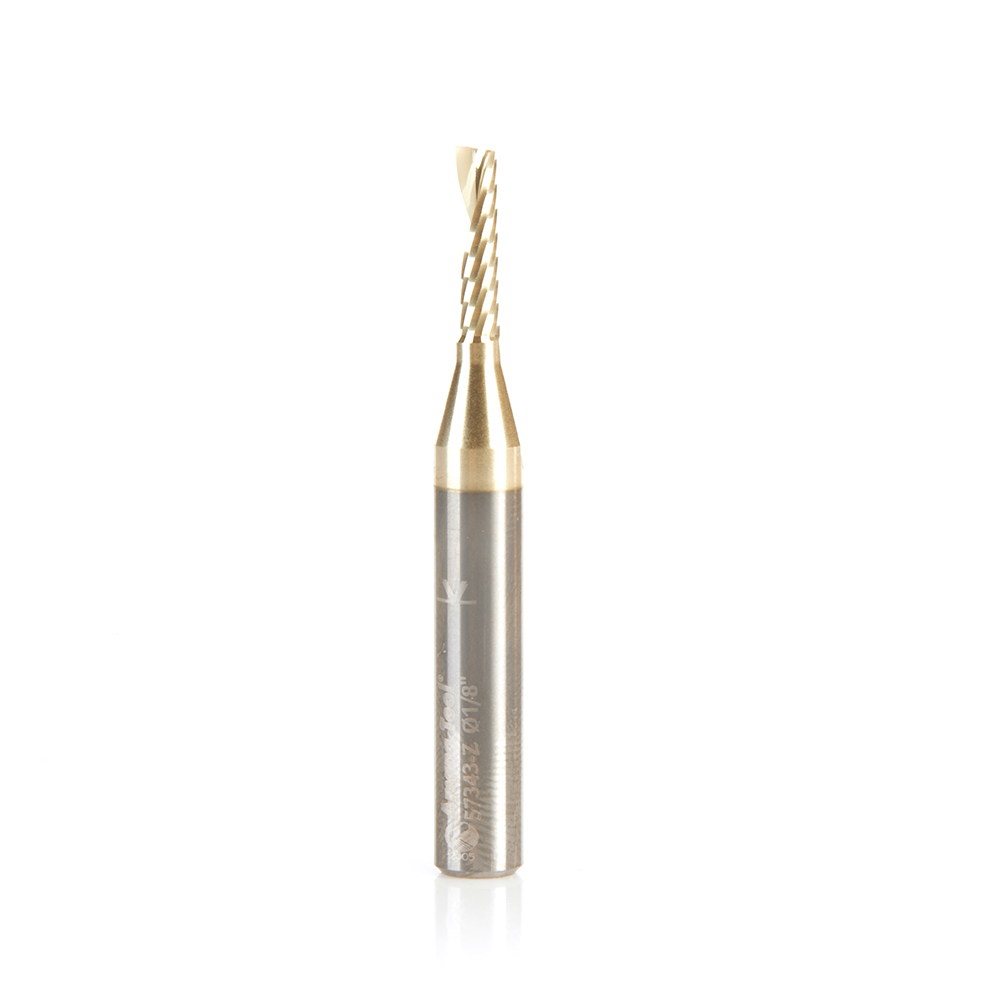 Amana 57343-Z Solid Carbide CNC Spiral 'O' Flute, Aluminum Cutting for Improved Bottom Surface Finish 1/8 Dia x 1/2 x 1/4 Shank Up-Cut ZrN Coated Router Bit