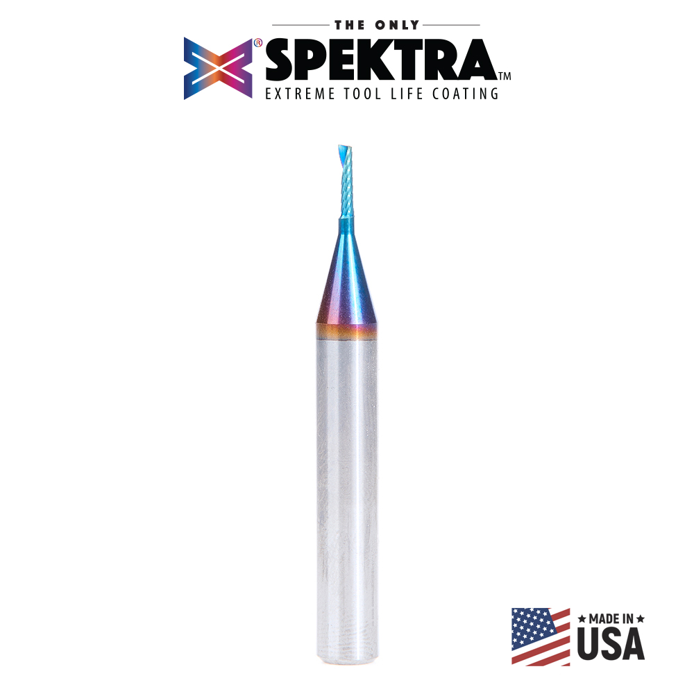 Amana 57364-K Solid Carbide CNC Spektra, Extreme Tool Life Coated Spiral 'O' Flute, Plastic Cutting for Improved Bottom Surface Finish 1/16 Dia x 1/4 x 1/4 Inch Shank Up-Cut Router Bit
