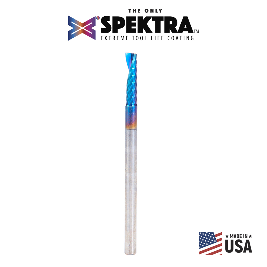 Amana 57365-K Solid Carbide CNC Spektra, Extreme Tool Life Coated Spiral 'O' Flute, Plastic Cutting for Improved Bottom Surface Finish 1/8 Dia x 1/2 x 1/8 Inch Shank Up-Cut Router Bit