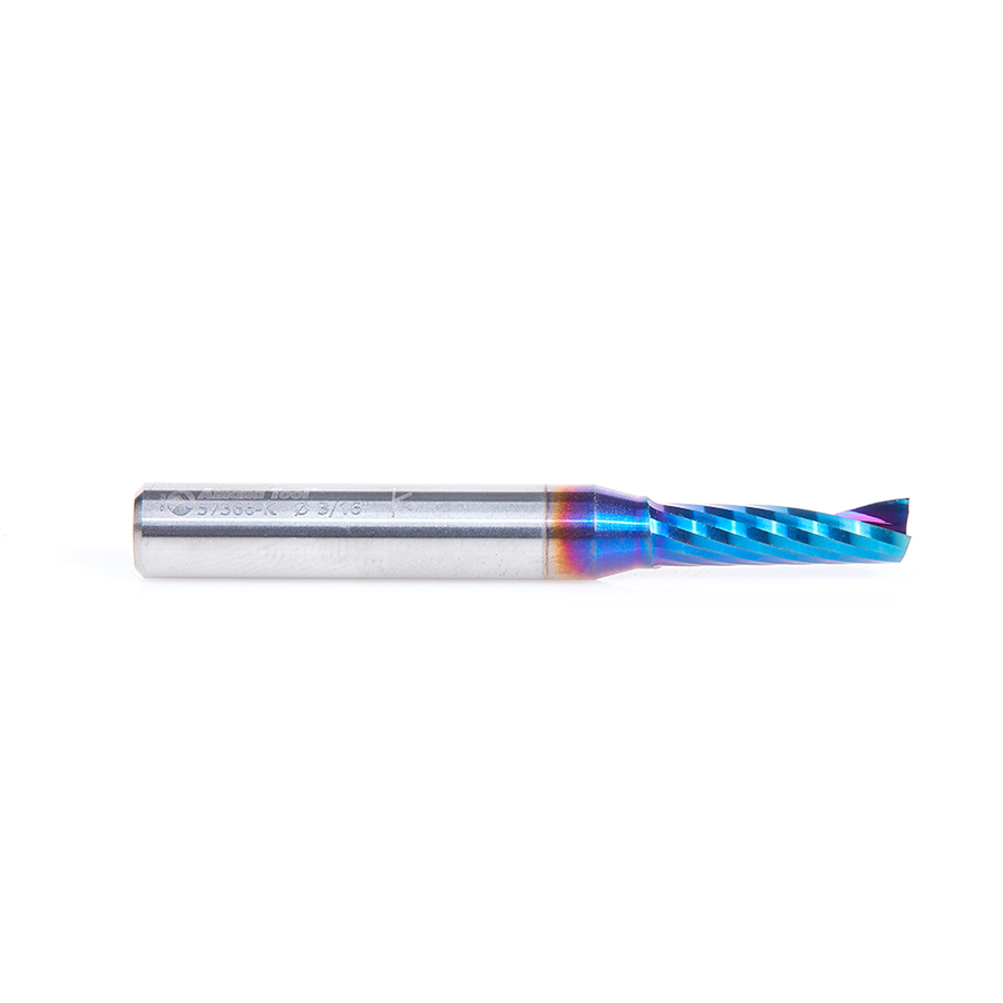 Amana 57366-K Solid Carbide CNC Spektra, Extreme Tool Life Coated Spiral 'O' Flute, Plastic Cutting for Improved Bottom Surface Finish 3/16 Dia x 5/8 x 1/4 Inch Shank Up-Cut Router Bit