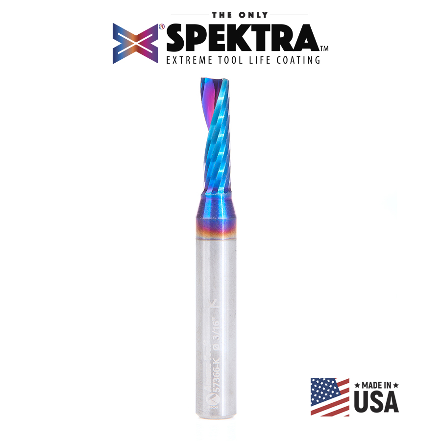 Amana 57366-K Solid Carbide CNC Spektra, Extreme Tool Life Coated Spiral 'O' Flute, Plastic Cutting for Improved Bottom Surface Finish 3/16 Dia x 5/8 x 1/4 Inch Shank Up-Cut Router Bit