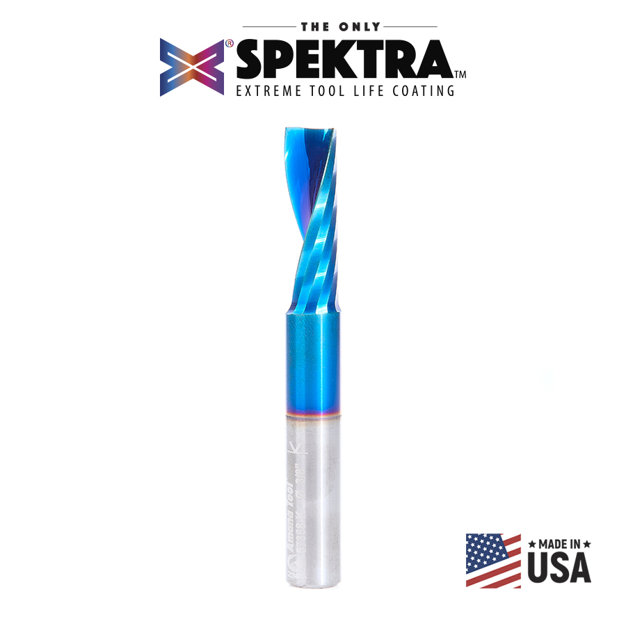 Amana 57368-K Solid Carbide CNC Spektra, Extreme Tool Life Coated Spiral 'O' Flute, Plastic Cutting for Improved Bottom Surface Finish 3/8 Dia x 1-1/8 x 3/8 Inch Shank Up-Cut Router Bit