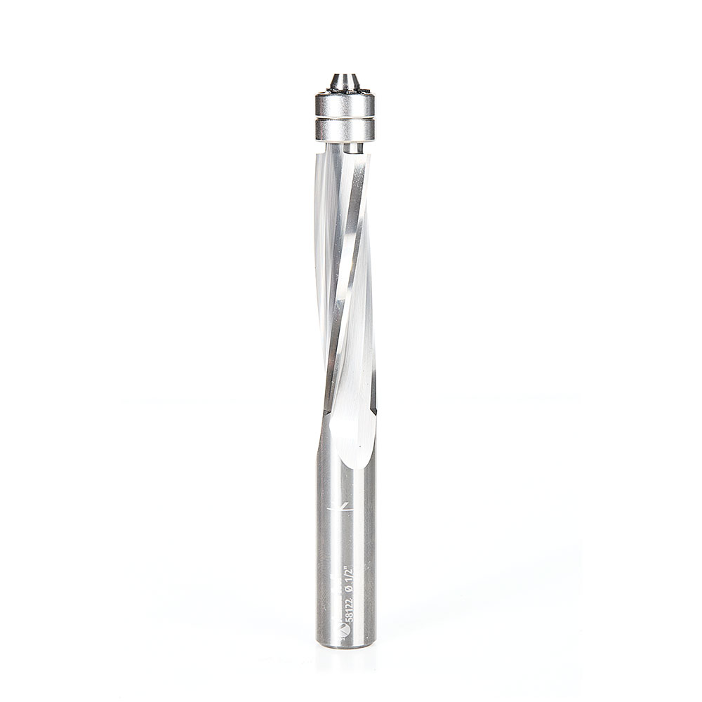 Amana 58122 Solid Carbide UltraTrim Spiral 3 Flute 1/2 Dia x 2 x 1/2 Inch Shank with Double Lower Ball Bearing Up-Cut