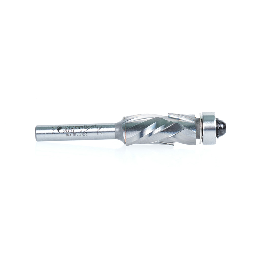 Amana 58173 Solid Carbide (Brazed To Steel Shank) Spiral Flush Trim Compression 1/2 Dia x 1 x 1/4 Inch Shank With Lower Ball Bearing