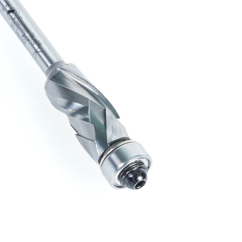 Amana 58173 Solid Carbide (Brazed To Steel Shank) Spiral Flush Trim Compression 1/2 Dia x 1 x 1/4 Inch Shank With Lower Ball Bearing