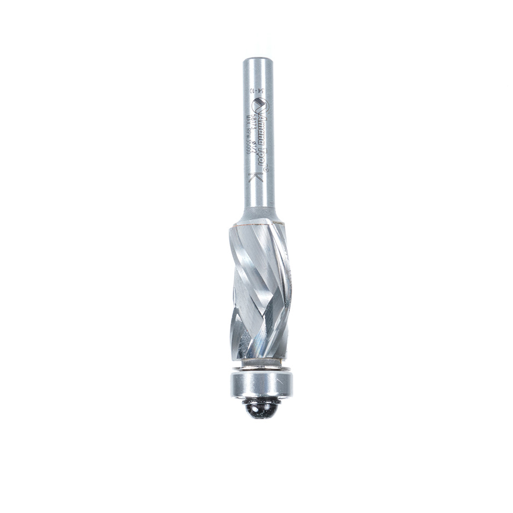 Amana 58173 Solid Carbide (Brazed To Steel Shank) Spiral Flush Trim Compression 1/2 Dia x 1 x 1/4 Inch Shank With Lower Ball Bearing