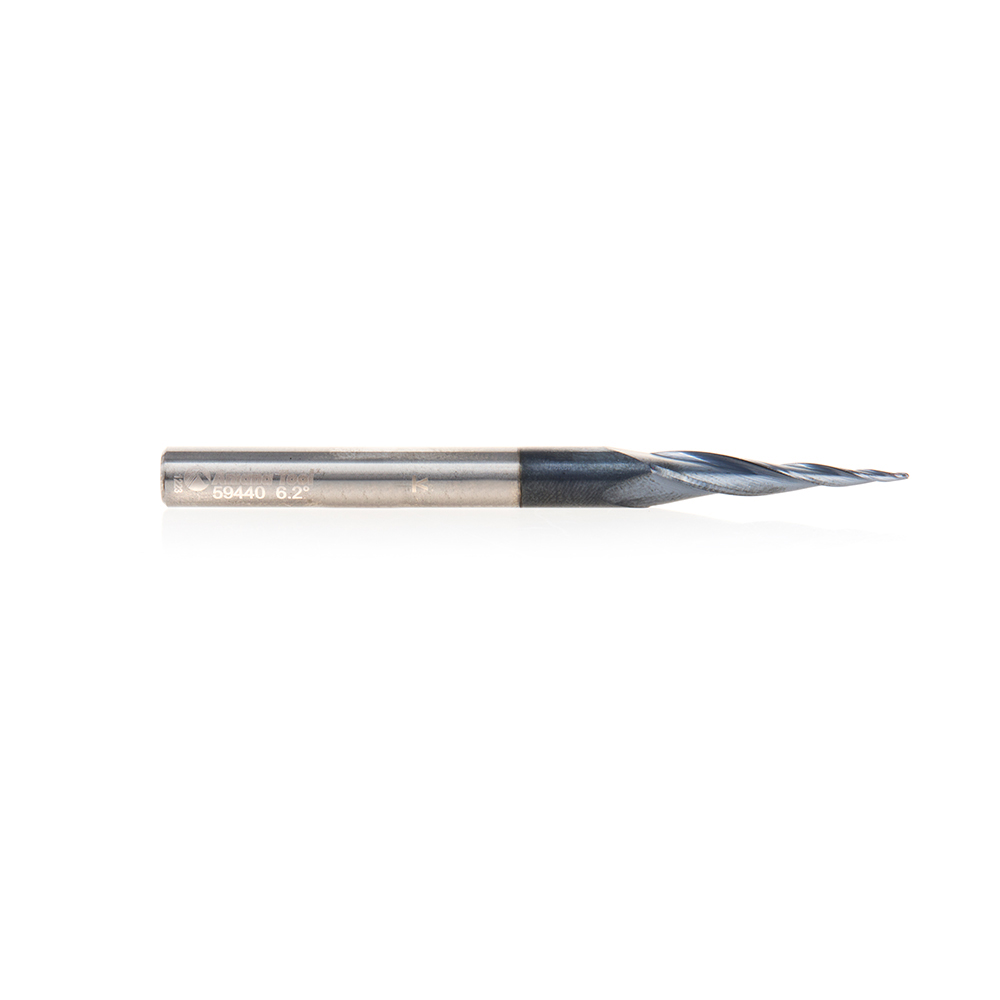 Amana 59440 Solid Carbide CNC 2D/3D Carving Steel, Stainless Steel & Composite Cutting Tapered Ball Nose with AlTiN Coating 3-Flute x 6.2 Deg x 1/64 Radius 1/32 Dia x 1 x 1/4 Shank x 3 Inch Long Up-Cut Router Bit