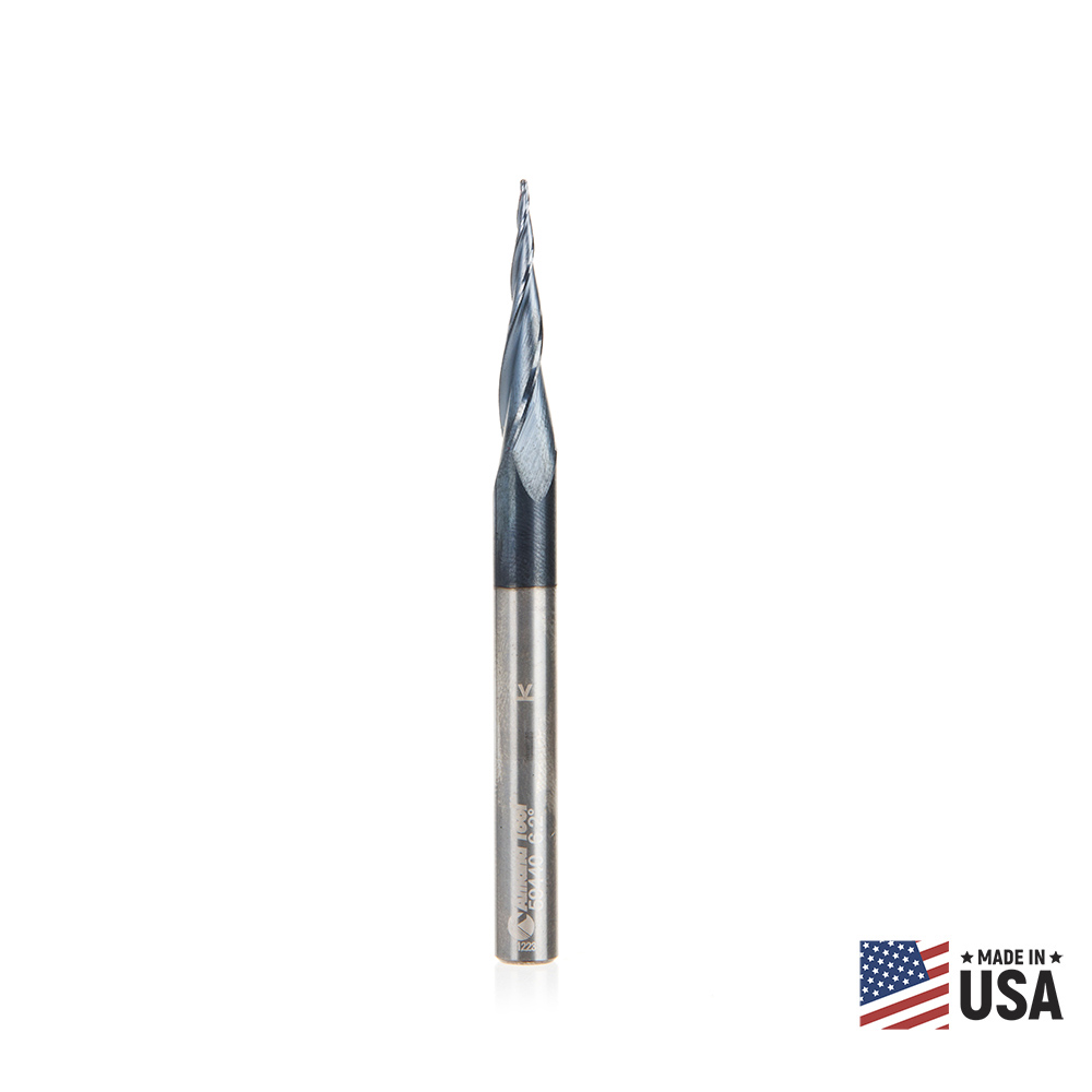 Amana 59440 Solid Carbide CNC 2D/3D Carving Steel, Stainless Steel & Composite Cutting Tapered Ball Nose with AlTiN Coating 3-Flute x 6.2 Deg x 1/64 Radius 1/32 Dia x 1 x 1/4 Shank x 3 Inch Long Up-Cut Router Bit