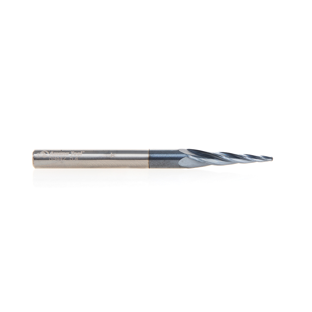 Amana 59442 Solid Carbide CNC 2D/3D Carving Steel, Stainless Steel & Composite Cutting Tapered Ball Nose with AlTiN Coating 4-Flute x 5.4 Deg x 1/32 Radius 1/16 Dia x 1-1/16 x 1/4 Shank x 3 Inch Long Up-Cut Router Bit