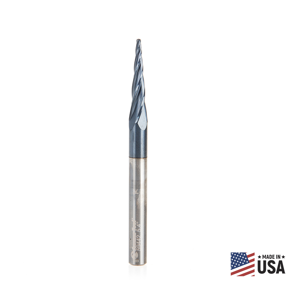 Amana 59442 Solid Carbide CNC 2D/3D Carving Steel, Stainless Steel & Composite Cutting Tapered Ball Nose with AlTiN Coating 4-Flute x 5.4 Deg x 1/32 Radius 1/16 Dia x 1-1/16 x 1/4 Shank x 3 Inch Long Up-Cut Router Bit