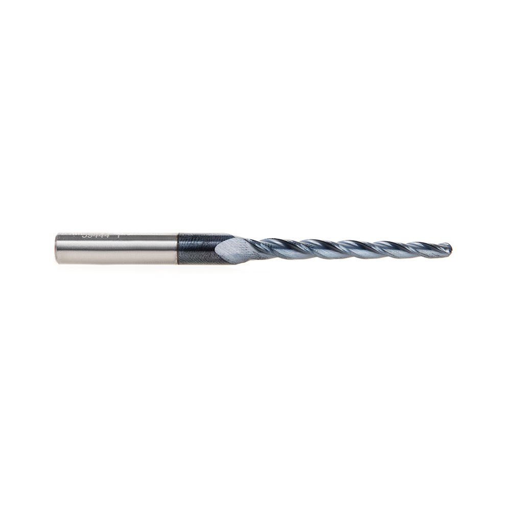 Amana 59444 Solid Carbide CNC 2D/3D Carving Steel, Stainless Steel & Composite Cutting Tapered Ball Nose with AlTiN Coating 3-Flute x 1 Deg x 1/16 Radius 1/8 Dia x 1-1/2 x 1/4 Shank x 3 Inch Long Up-Cut Router Bit