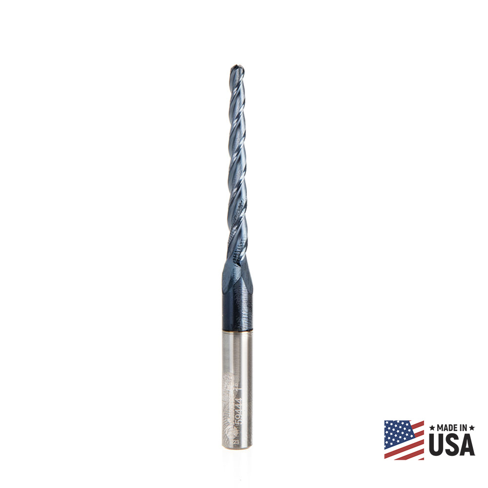 Amana 59444 Solid Carbide CNC 2D/3D Carving Steel, Stainless Steel & Composite Cutting Tapered Ball Nose with AlTiN Coating 3-Flute x 1 Deg x 1/16 Radius 1/8 Dia x 1-1/2 x 1/4 Shank x 3 Inch Long Up-Cut Router Bit