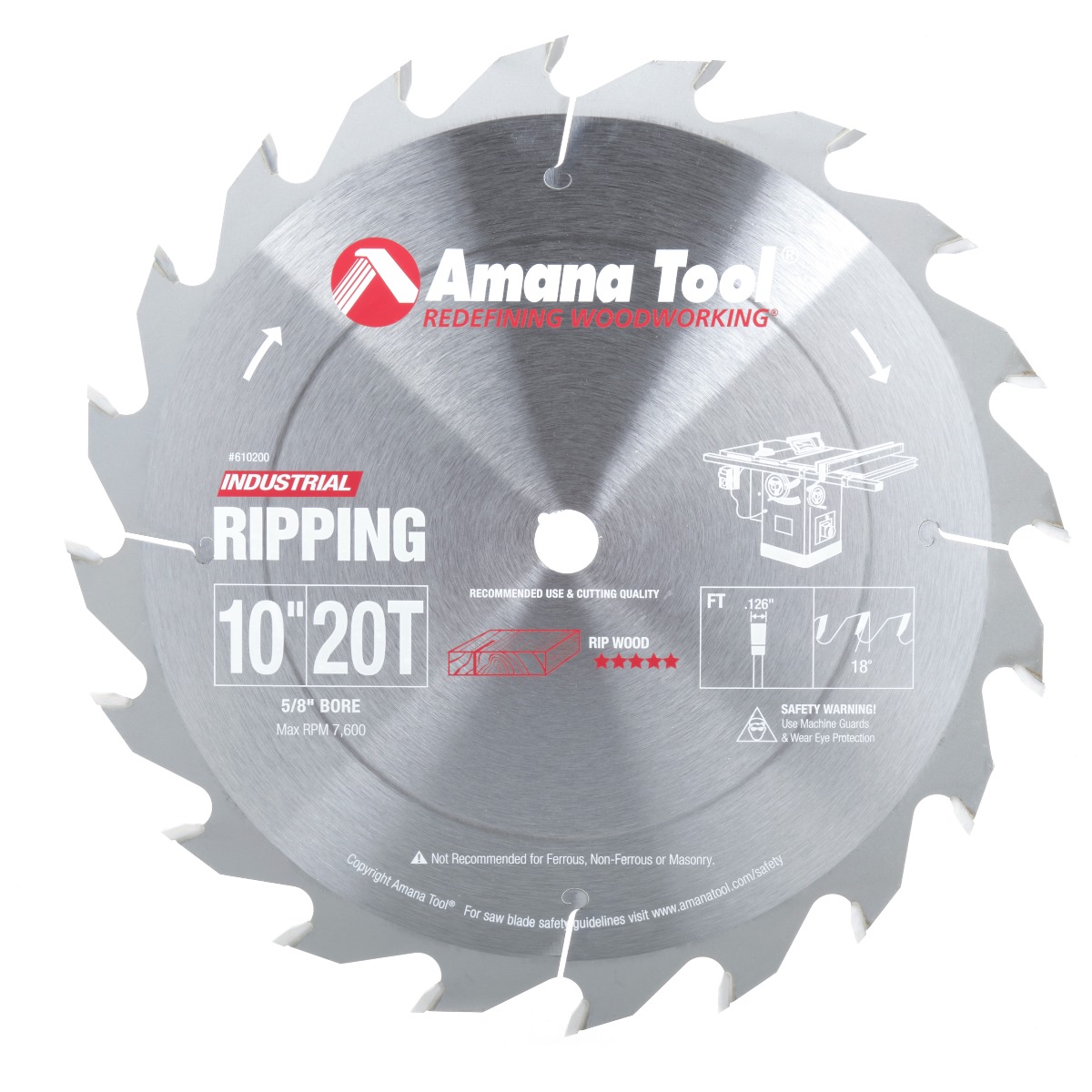 Amana 610200 Carbide Tipped Ripping Standard 10 Inch Dia x 20T FT, 18 Deg, 5/8 Bore