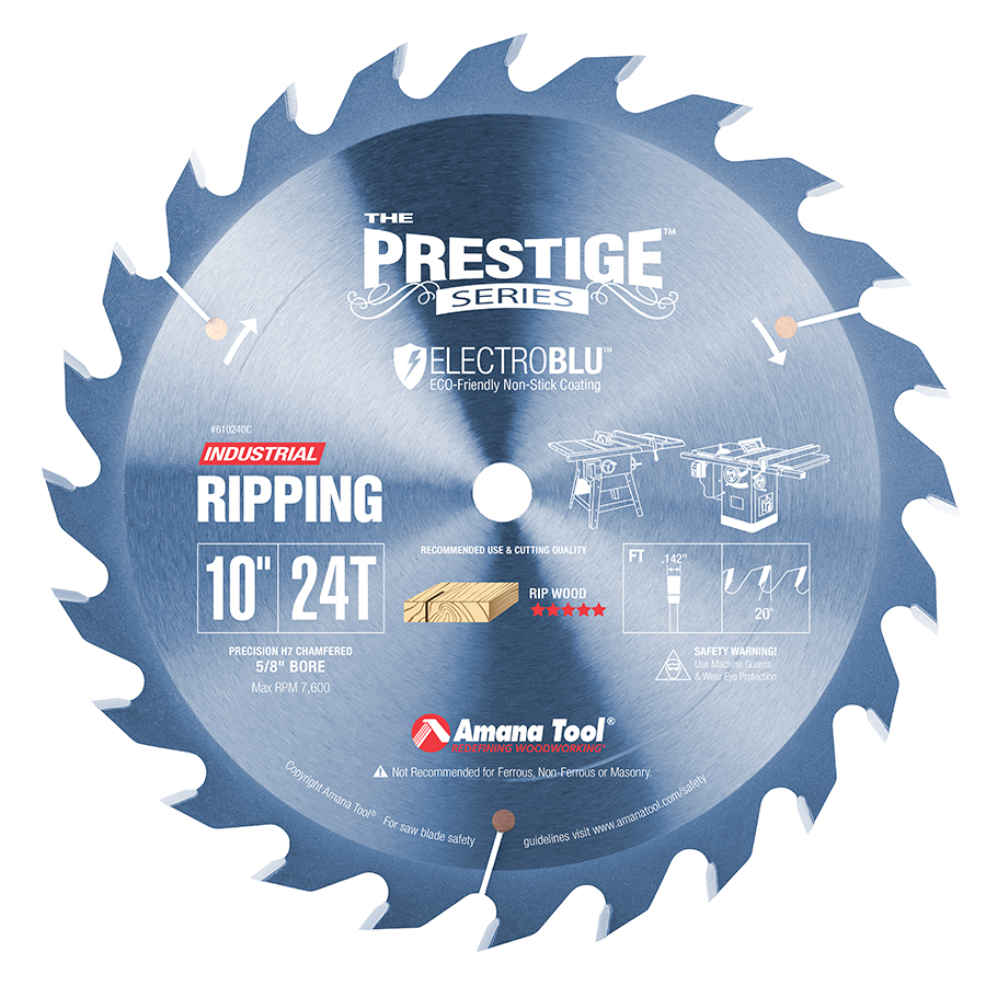 Amana 610240C Electro-Blu, Carbide Tipped Prestige® Ripping Standard 10 Inch Dia x 24T FT, 20 Deg, 5/8 Bore