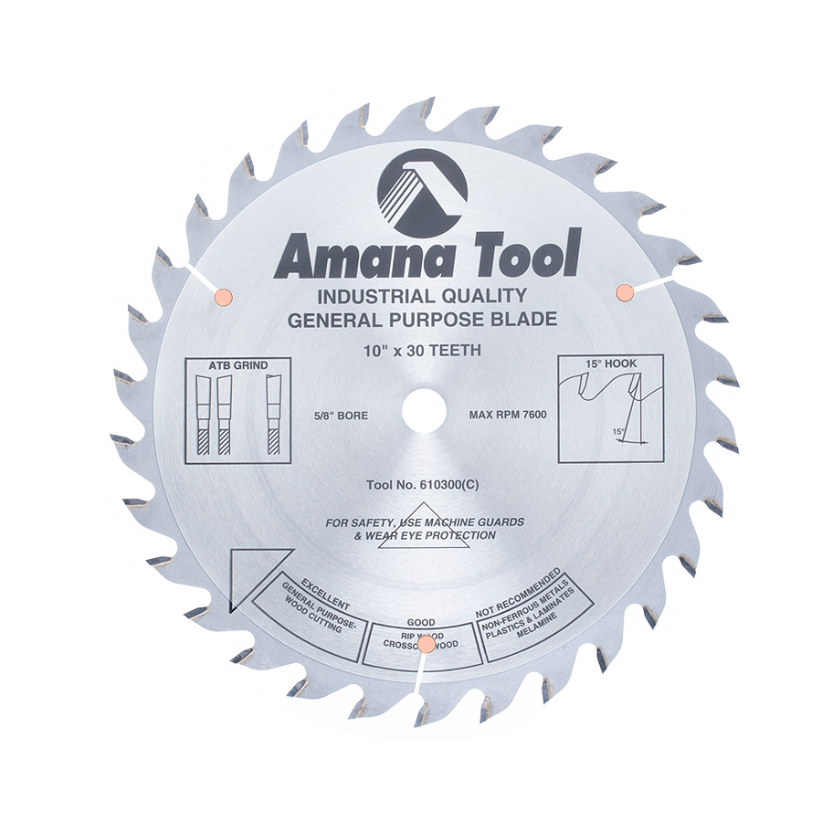 Amana 610300 Carbide Tipped General Purpose 10 Inch Dia x 30T ATB, 15 Deg, 5/8 Bore