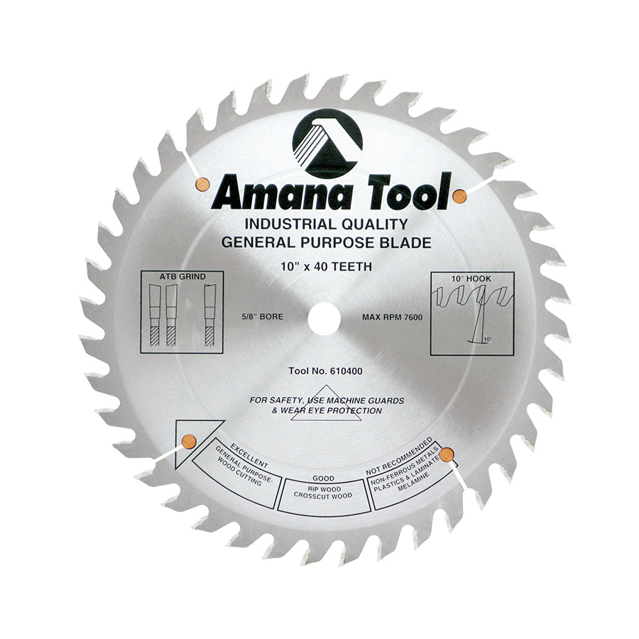 Amana 610400 Carbide Tipped General Purpose 10 Inch Dia x 40T ATB, 15 Deg, 5/8 inch Bore