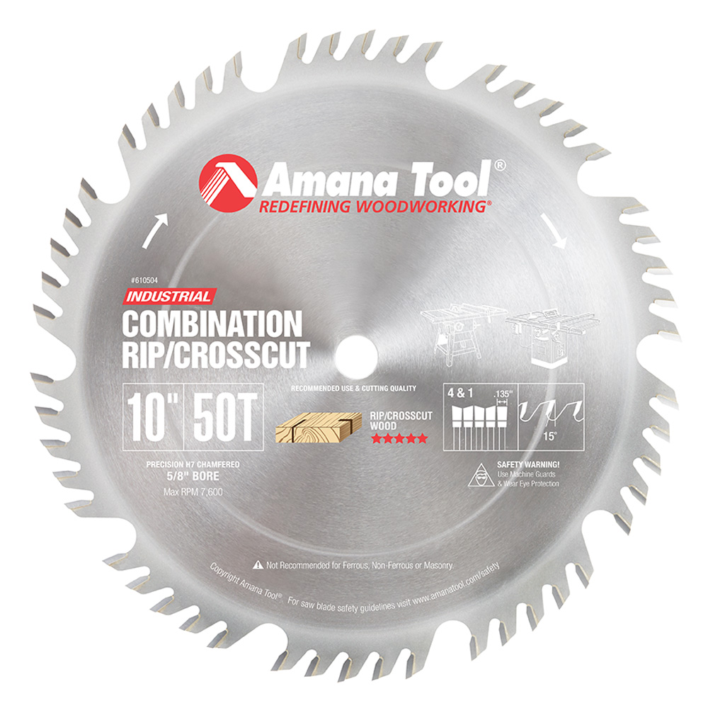 Amana 610504 Carbide Tipped Combination Ripping and Crosscut 10 Inch Dia x 50T 4+1, 15 Deg, 5/8 Bore