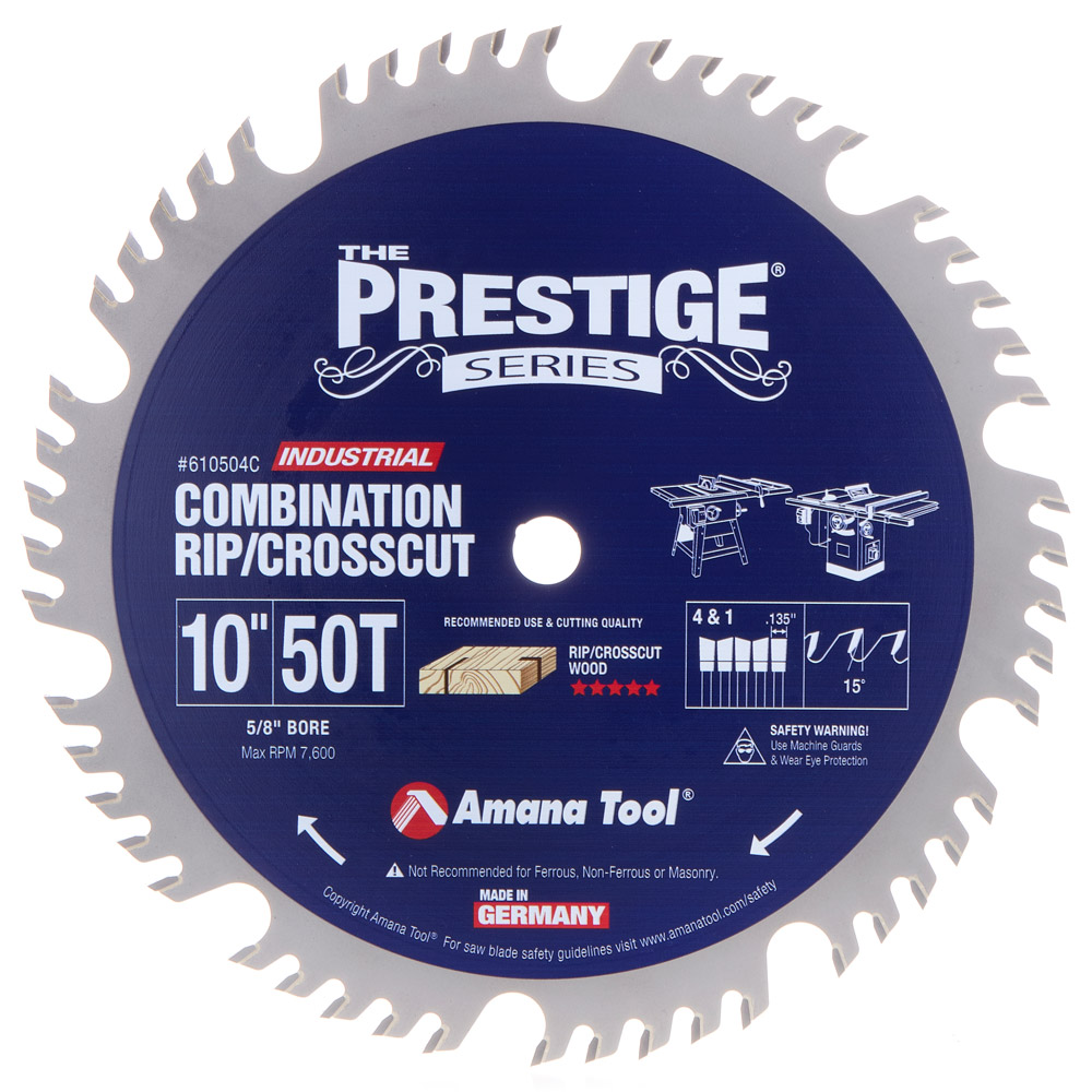 Amana 610504C Carbide Tipped Prestige® Combination Ripping and Crosscut 10 Inch Dia x 50T 4+1, 15 Deg, 5/8 Bore