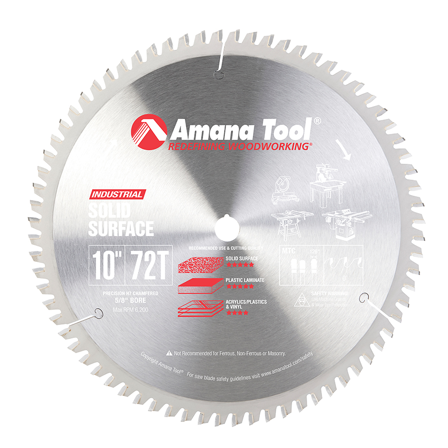 Amana 610721 Carbide Tipped Solid Surface 10 Inch Dia x 72T MTC, 0 Deg, 5/8 Bore