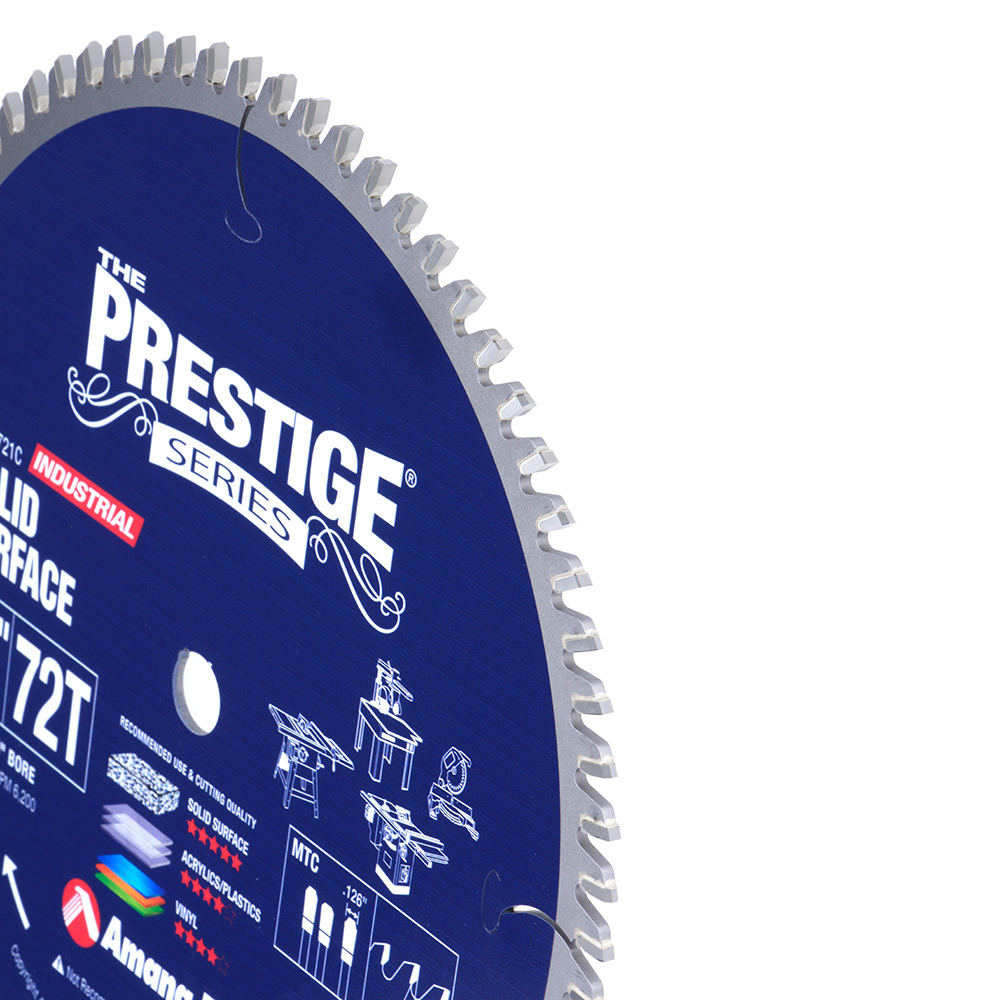 Amana 610721C Carbide Tipped Prestige® Solid Surface 10 Inch Dia x 72T MTC, 0 Deg, 5/8 Bore
