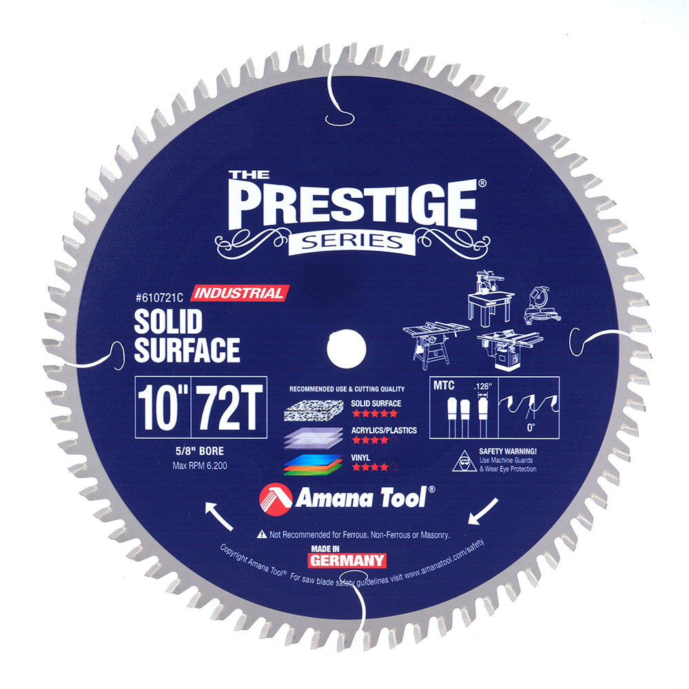 Amana 610721C Carbide Tipped Prestige® Solid Surface 10 Inch Dia x 72T MTC, 0 Deg, 5/8 Bore