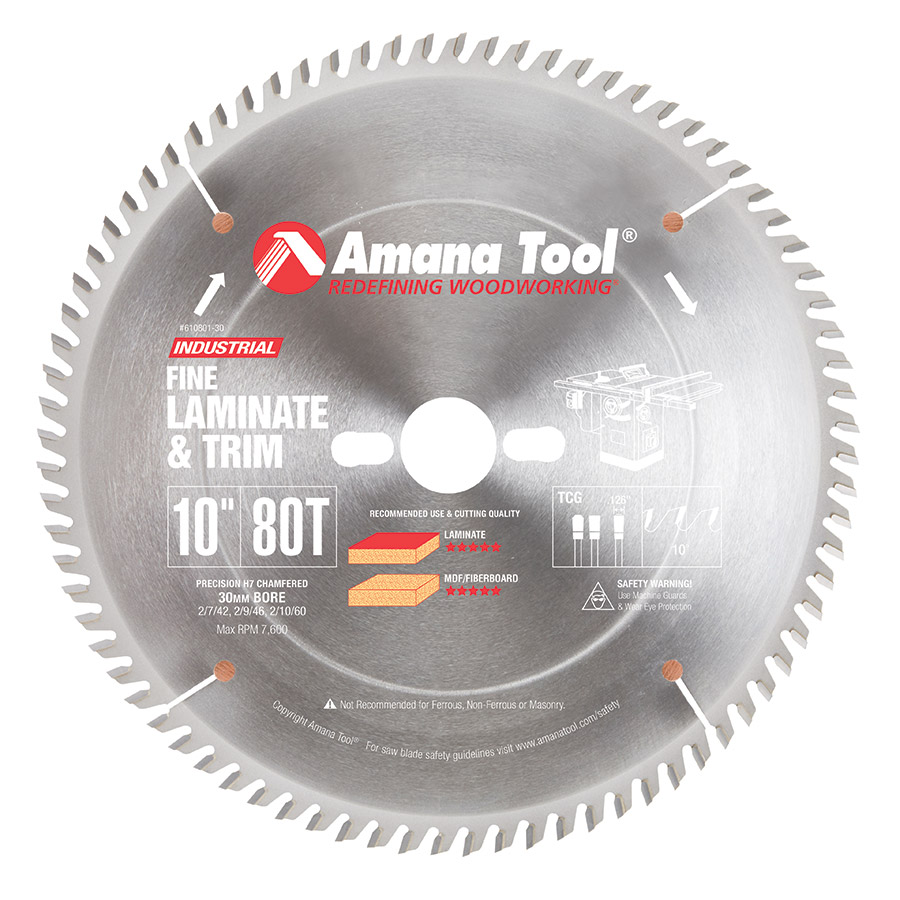 Amana 610801-30 Carbide Tipped Fine Cut-Off and Crosscut 10 Inch Dia x 80T TCG, 10 Deg, 30mm Bore