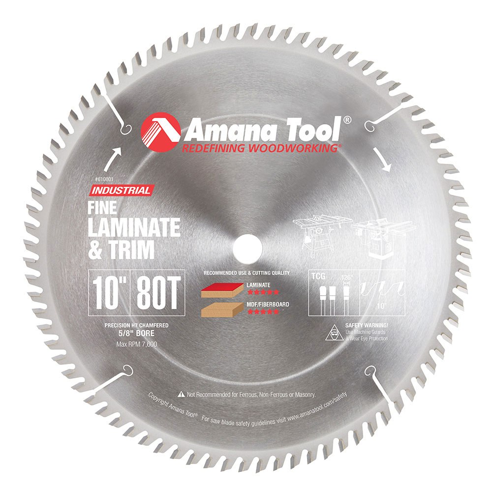 Amana 610801 Carbide Tipped Fine Cut-Off and Crosscut 10 Inch Dia x 80T TCG, 10 Deg, 5/8 Bore