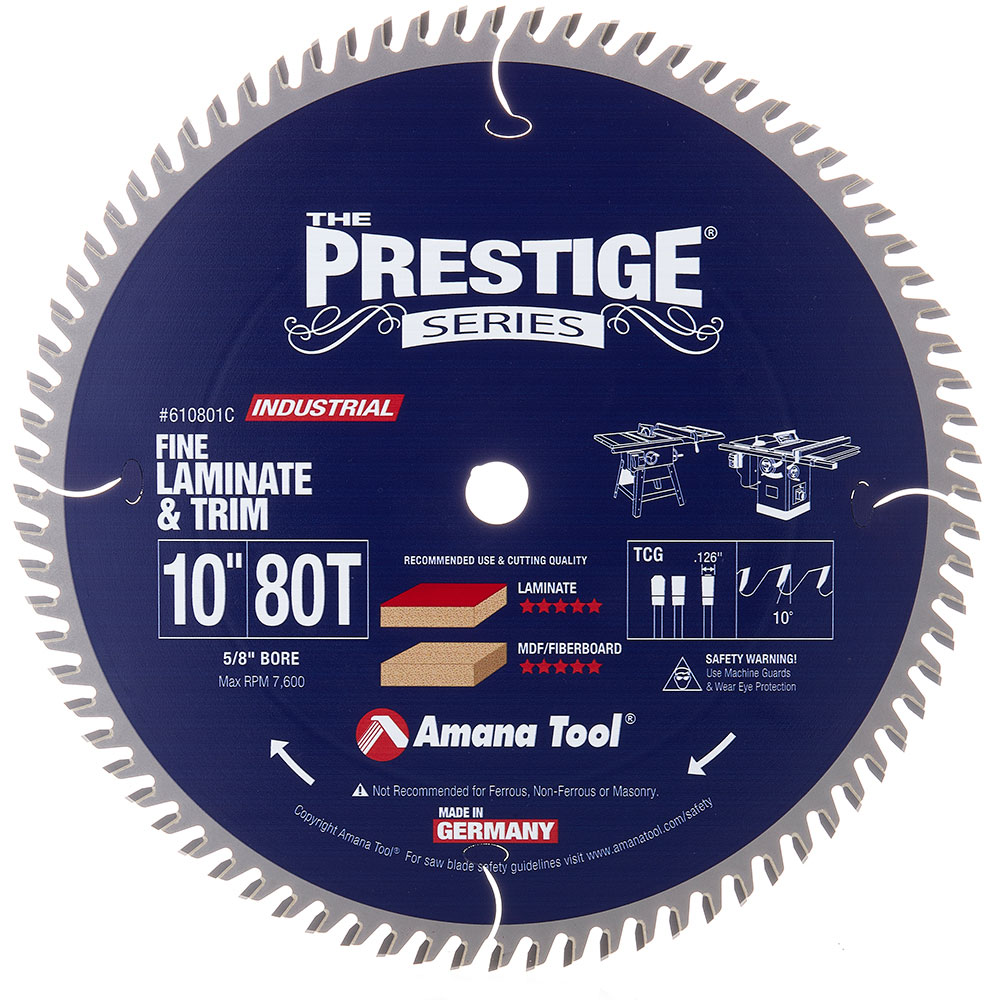 Amana 610801C Carbide Tipped Prestige® Fine Cut-Off and Crosscut 10 Inch Dia x 80T TCG, 10 Deg, 5/8 Bore