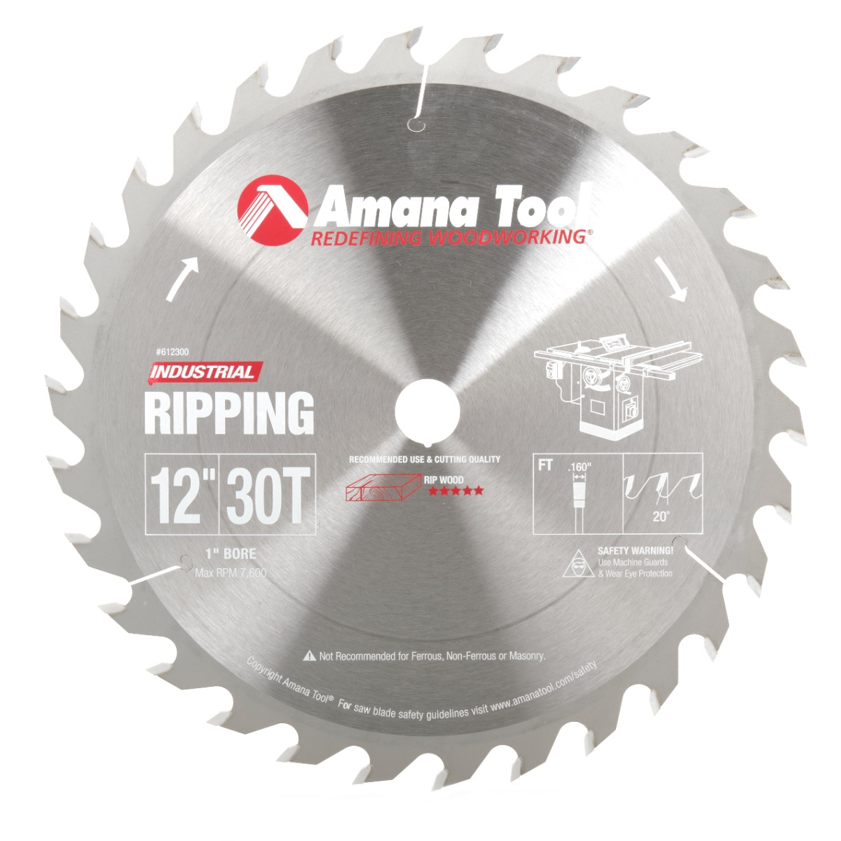 Amana 612300 Carbide Tipped Ripping Standard 12 Inch Dia x 30T FT, 20 Deg, 1 Inch Bore