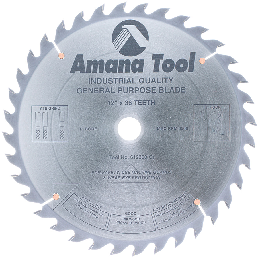 Amana 612360 Carbide Tipped General Purpose 12 Inch Dia x 36T ATB, 15 Deg, 1 Inch Bore