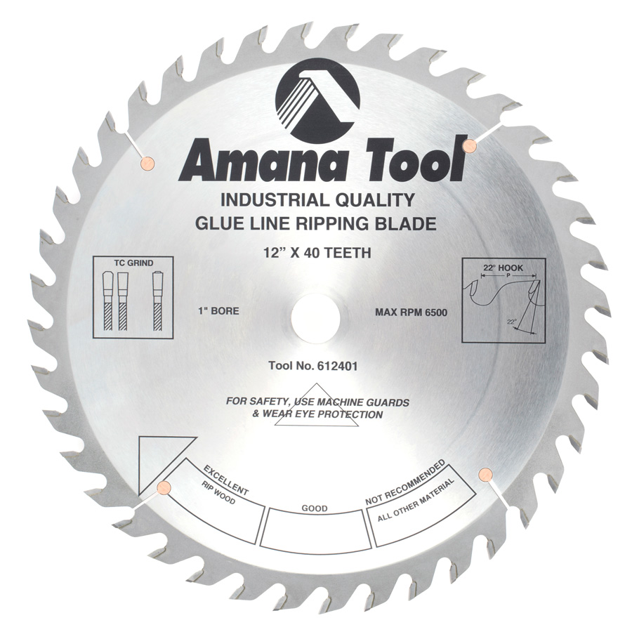 Amana 612401 Carbide Tipped Glue Line Ripping 12 inch Dia x 40T TCG, 22 Deg, 1 Inch Bore
