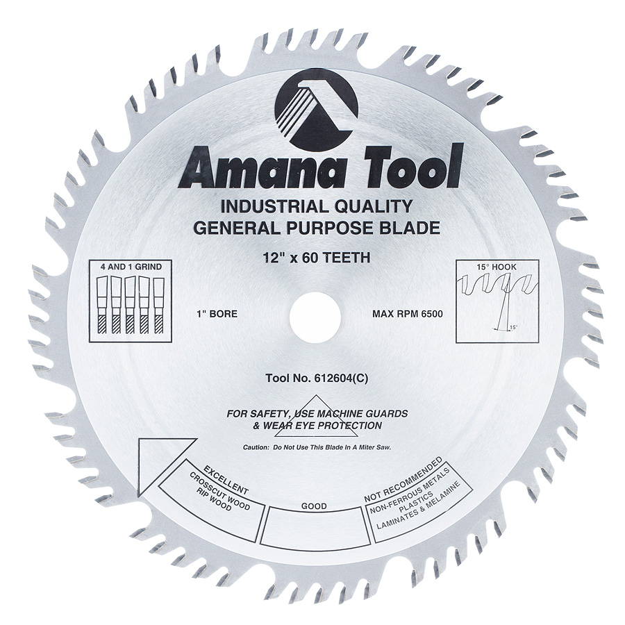 Amana 612604 Carbide Tipped Combination Ripping and Crosscut 12 Inch Dia x 60T 4+1, 15 Deg, 1 Inch Bore