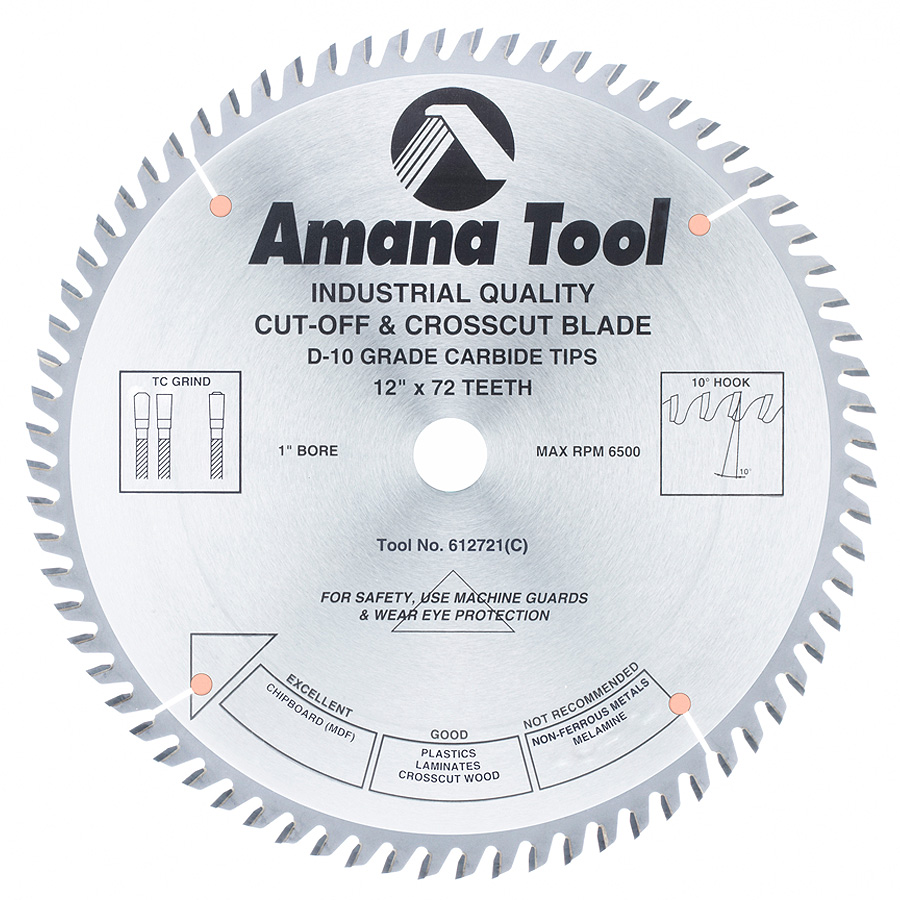 Amana 612721 Carbide Tipped Heavy Duty General Purpose 12 Inch Dia x 72T TCG, 10 Deg, 1 Inch Bore