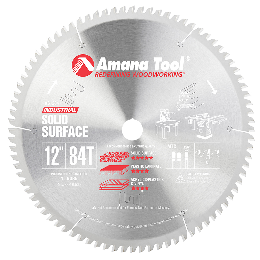 Amana 612841 Carbide Tipped Solid Surface 12 Inch Dia x 84T MTC, 0 D, 1 Inch Bore