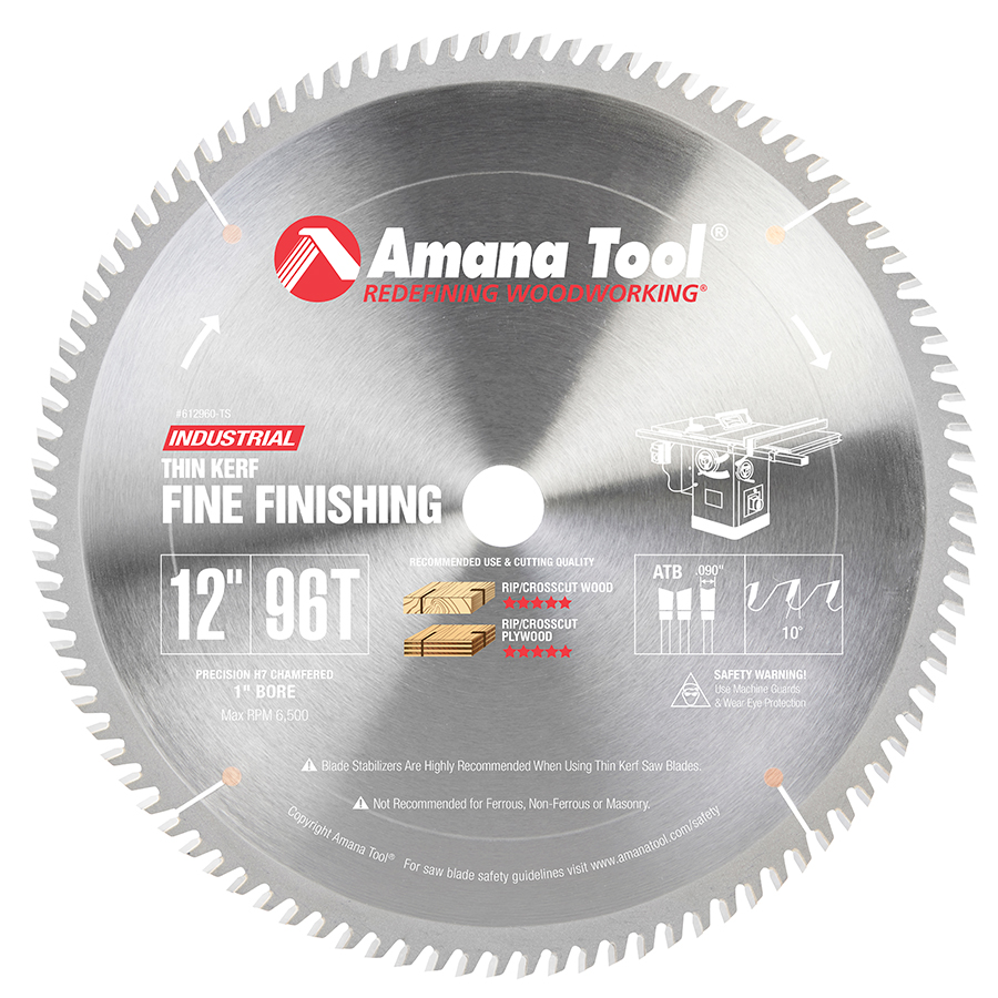 Amana 612960-TS Carbide Tipped Thin Kerf Miter 12 Inch Dia x 96T ATB, 10 Deg, 1 Inch Bore