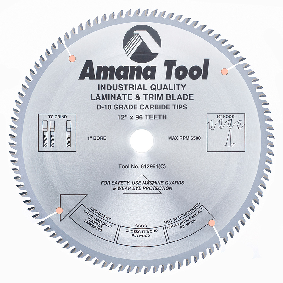 Amana 612961 Carbide Tipped Fine Cut-Off and Crosscut 12 Inch Dia x 96T TCG, 10 Deg, 1 Inch Bore