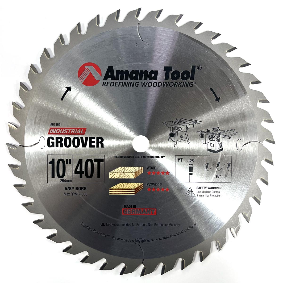 Amana 61369 Carbide Tipped Groover 10 Inch Dia x 40T FT, 18 Deg, 5/8 Bore