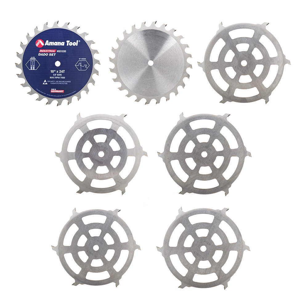 Amana 651030 Carbide Tipped Dado 10 Inch Dia x 24T ATB/FT 15 Deg, 5/8 Bore, Dado Set with Five 6-Wing Chippers