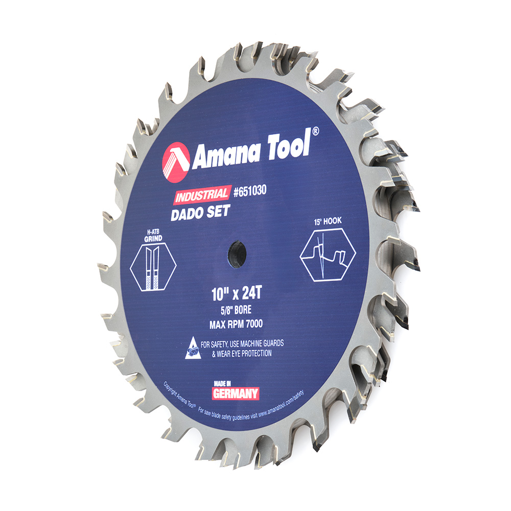 Amana 651030 Carbide Tipped Dado 10 Inch Dia x 24T ATB/FT 15 Deg, 5/8 Bore, Dado Set with Five 6-Wing Chippers